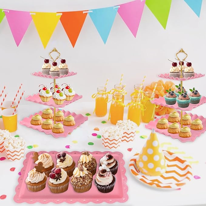 5 Pcs Dessert Table Display Set, Pink Plastic 2 Pcs Square 3 Tier Cupcake Stand Cup Cake Tower Stand with Metal Rod & 3 Pcs Serving Tray for Baby Shower, Tea Party, Wedding, Birthday Party