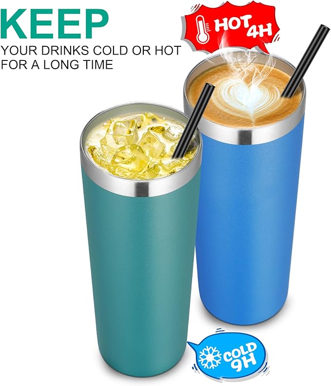 VEGOND Stainless Steel Skinny Tumbler, 20 oz Vacuum Insulated Tumbler with Lid and Straw, Double Wall Coffee Cup, Travel Mug for Cold Hot Drinks, Dark Green 1 Pack