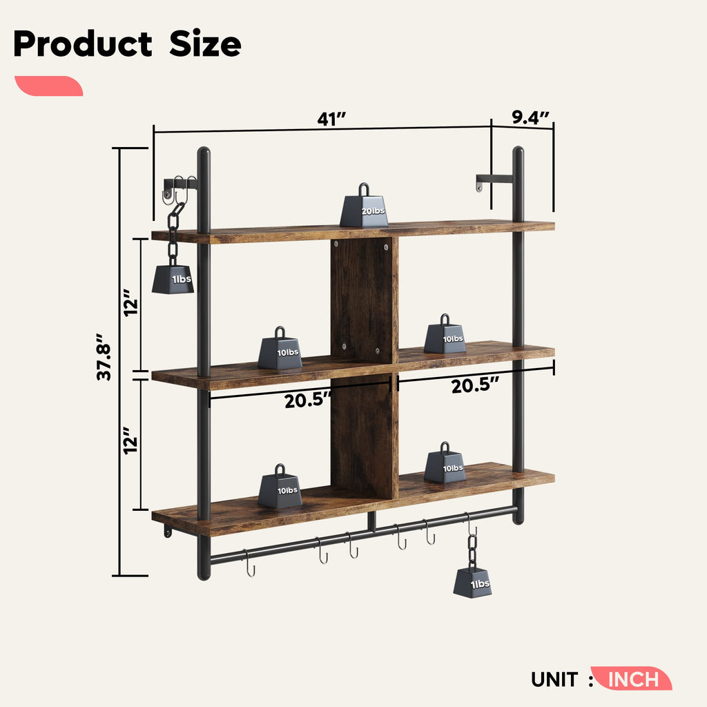 Bestier 41.5" Floating Shelves for Wall 3 Tier Kitchen Shelves Wall Mounted Coffee Bar Shelf Hanging Shelf with 8 Hooks, Industrial Display Pipe Shelving for Kitchen Living Room Bathroom, Rustic Brown