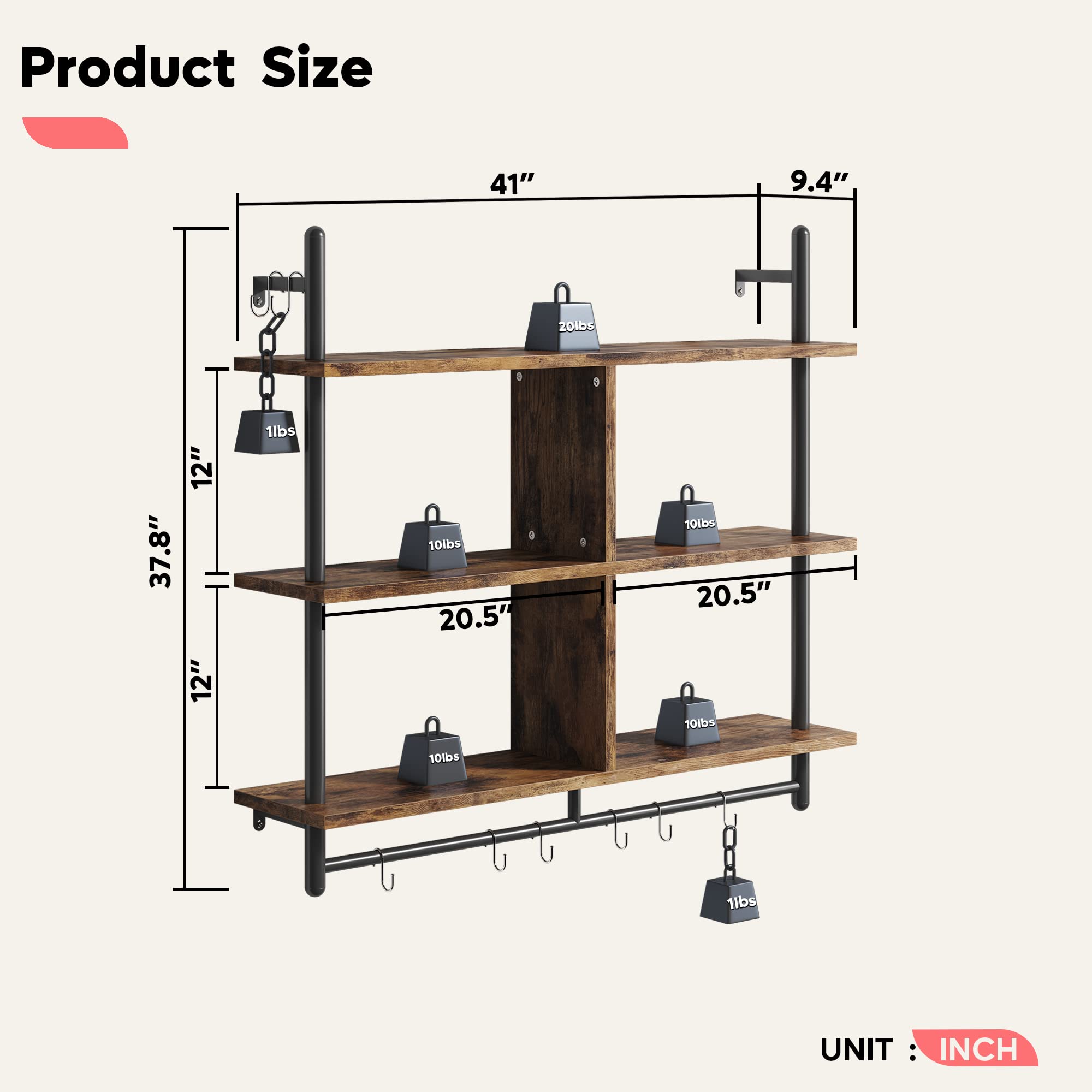 Bestier 41.5" Floating Shelves for Wall 3 Tier Kitchen Shelves Wall Mounted Coffee Bar Shelf Hanging Shelf with 8 Hooks, Industrial Display Pipe Shelving for Kitchen Living Room Bathroom, Rustic Brown