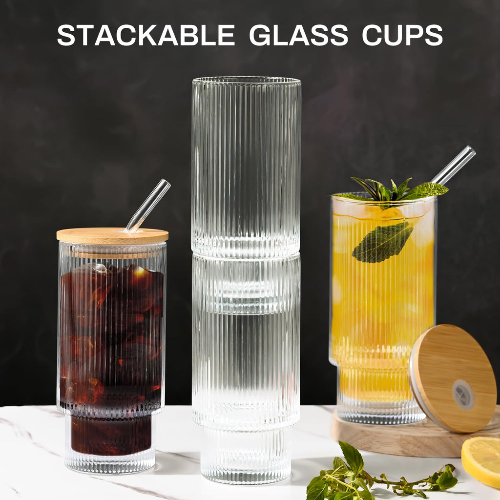 AFINSEA 16OZ Ribbed Glass Cups with Lids and Straws,Iced Coffee Cups with Bamboo Lid,Vintage Glassware for Whiskey Cocktail Beer Fruit Juice Glasses Tumbler(4 Pack)
