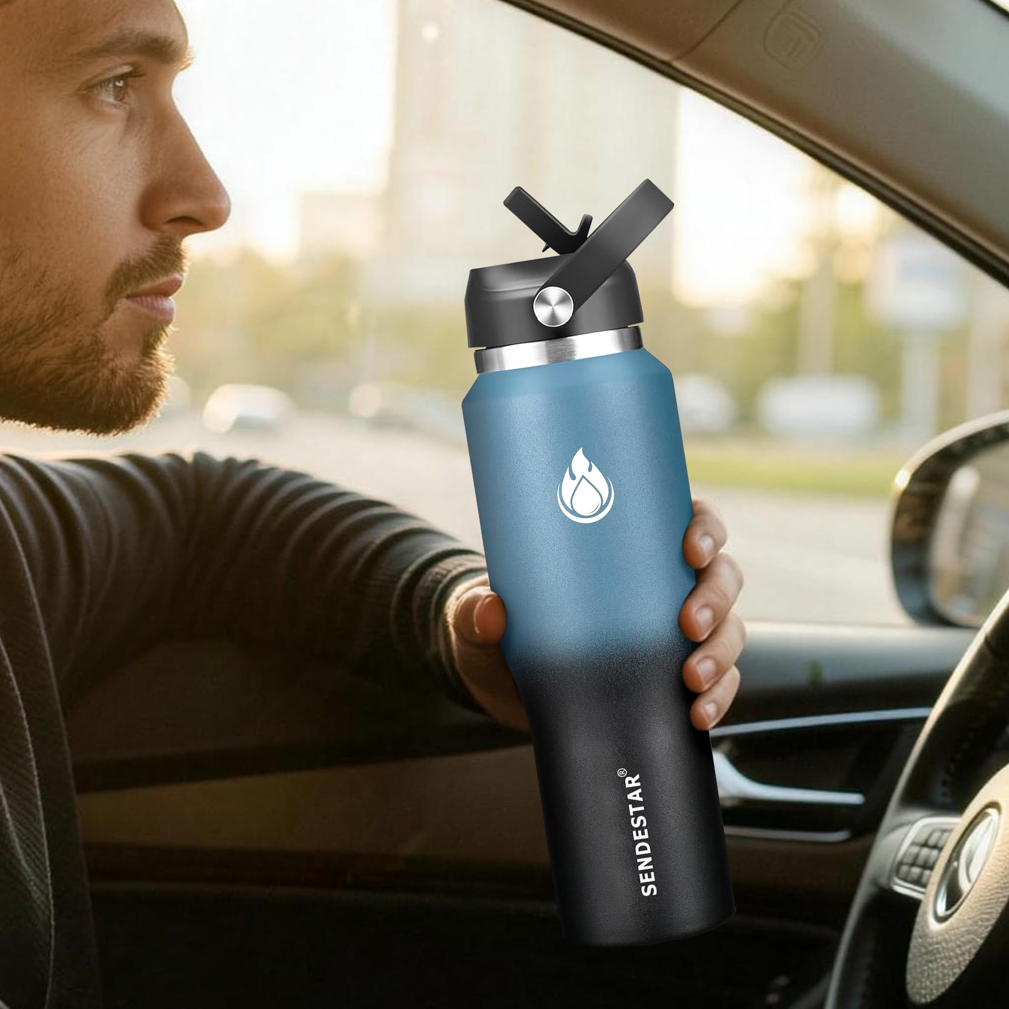 SENDESTAR 40oz Stainless Steel Water Bottle(Cold for 48 Hrs, Hot for 24 Hrs),Double Wall Vacuum Insulated Bottle with Straw Lid, Spout Lid and Flex Cap, Fit in Any Car Cup Holder，Cyanotic B
