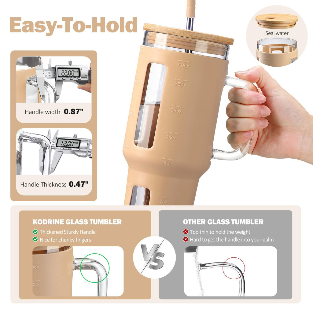 Kodrine 40 oz Glass Tumbler with Handle, Iced Coffee Tumbler with Straw and Bamboo Lid, Glass Drinking Cup with Silicone Sleeve Time Marker, Water Bottle Dishwasher Safe, Cup Holder Friendly, Amber