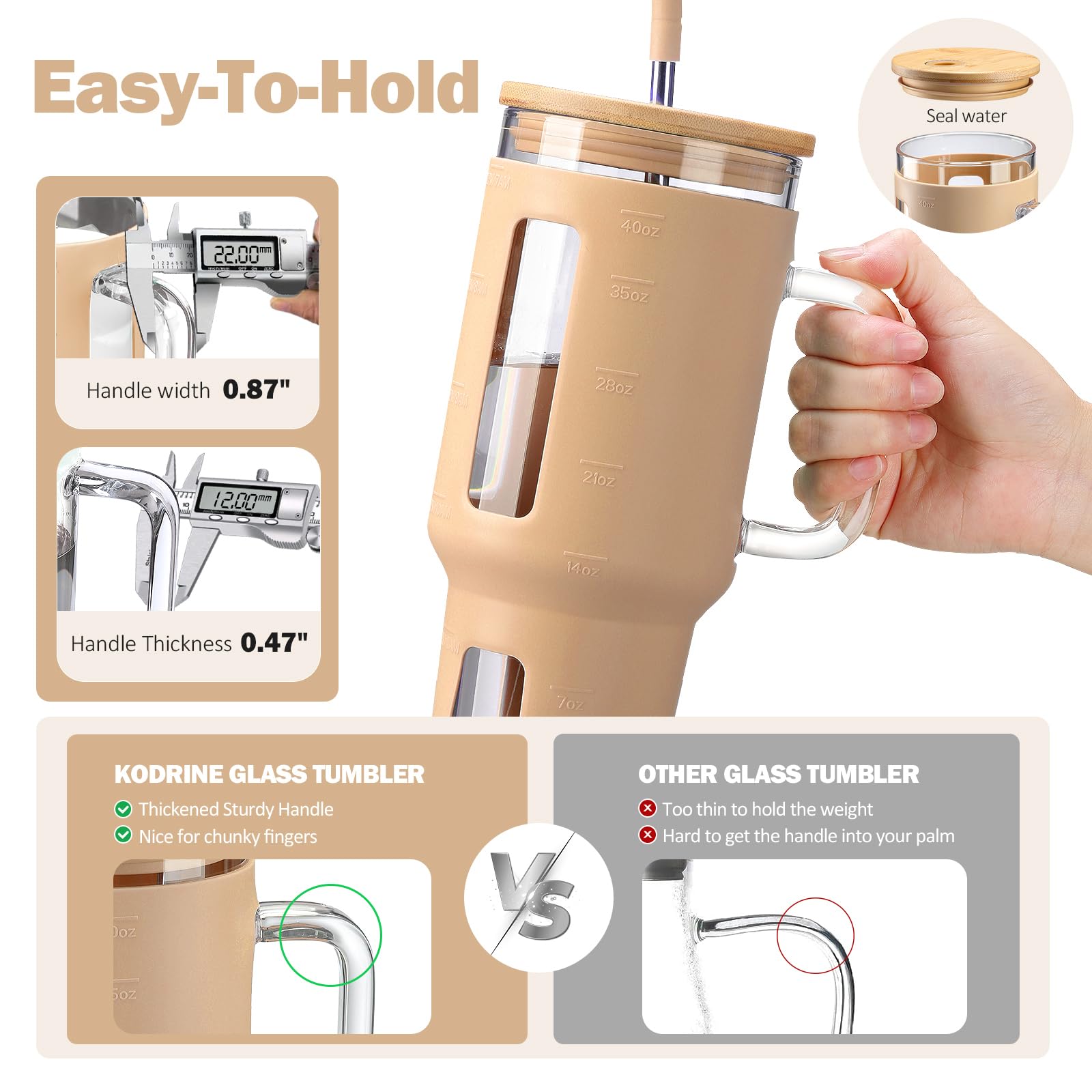 Kodrine 40 oz Glass Tumbler with Handle, Iced Coffee Tumbler with Straw and Bamboo Lid, Glass Drinking Cup with Silicone Sleeve Time Marker, Water Bottle Dishwasher Safe, Cup Holder Friendly, Amber