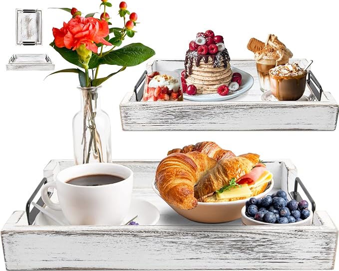 Rustic Wooden Serving Trays with Handle - Set of 2 - Large and Small Nesting Multipurpose Trays - for Breakfast, Coffee Table/Butler & More - Rustic White