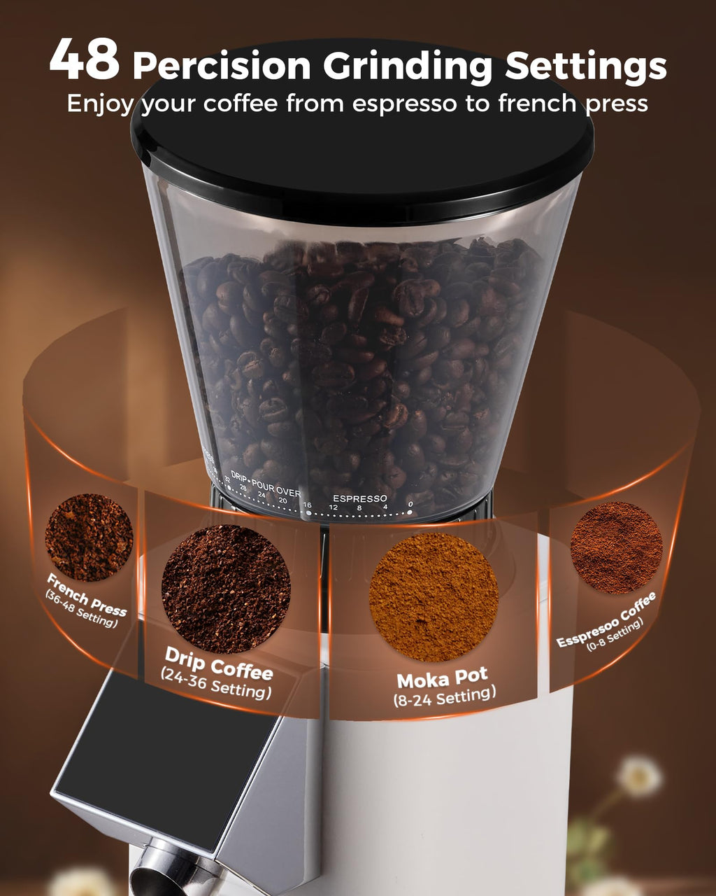 Tuni G1 Conical Burr Coffee Grinder, 48 Grind Settings, Ivory