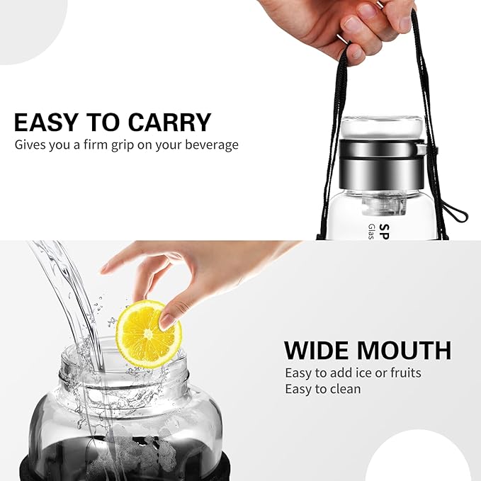 50 oz Glass Water Bottles - Large, Clear, Borosilicate Glass Water Bottle with Stainless Tea Infuser - Cup-Function Lid, Neoprene Sleeve, Strap - Wide Mouth BPA free, for Tea, Beverages, Juice