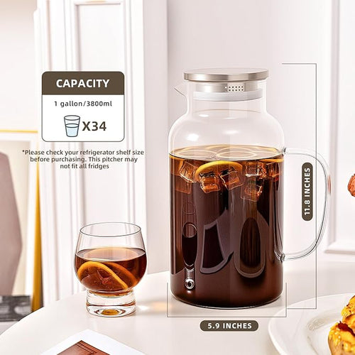 1 Gallon/3.8L Glass Pitcher with Lid and Spout, Borosilicate Glass