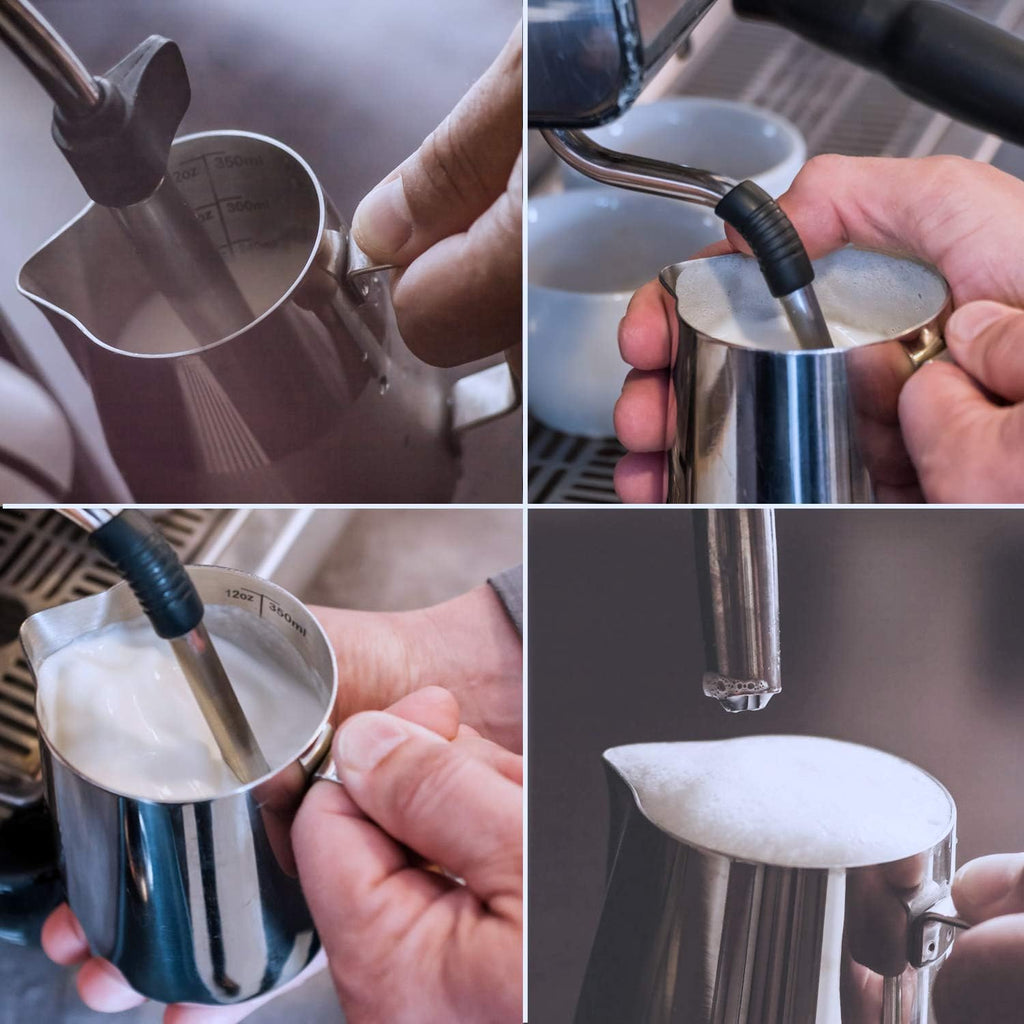 SIKEMAY Milk Frothing Pitcher Cup, 12oz/350ML Milk Frother Cup Stainless Steel Steaming Pitcher Milk Jug Coffee Latte Art Cappuccino Espresso Machine Accessories for Barista Steam Pitchers Tools