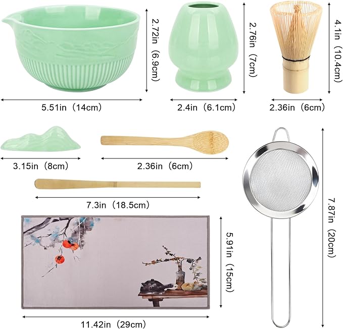 PHILORN Matcha Whisk Set 9Pcs Ceramic Matcha Kit Matcha Bowl with Spout, Whisk, Holder, Bamboo Scoop, Scoop Rest, Sifter and Tea Towe for Matcha Lover and Tea Ceremony (Cyan)