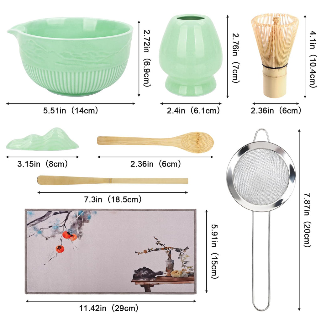 PHILORN Matcha Whisk Set, 9Pcs Ceramic Macha Kit, Matcha Set Whisk and Bowl with Spout, Whisks, Holder, Bamboo Scoop, Scoop Rest, Sifter and Tea Towel for Macha Lover (Cyan)