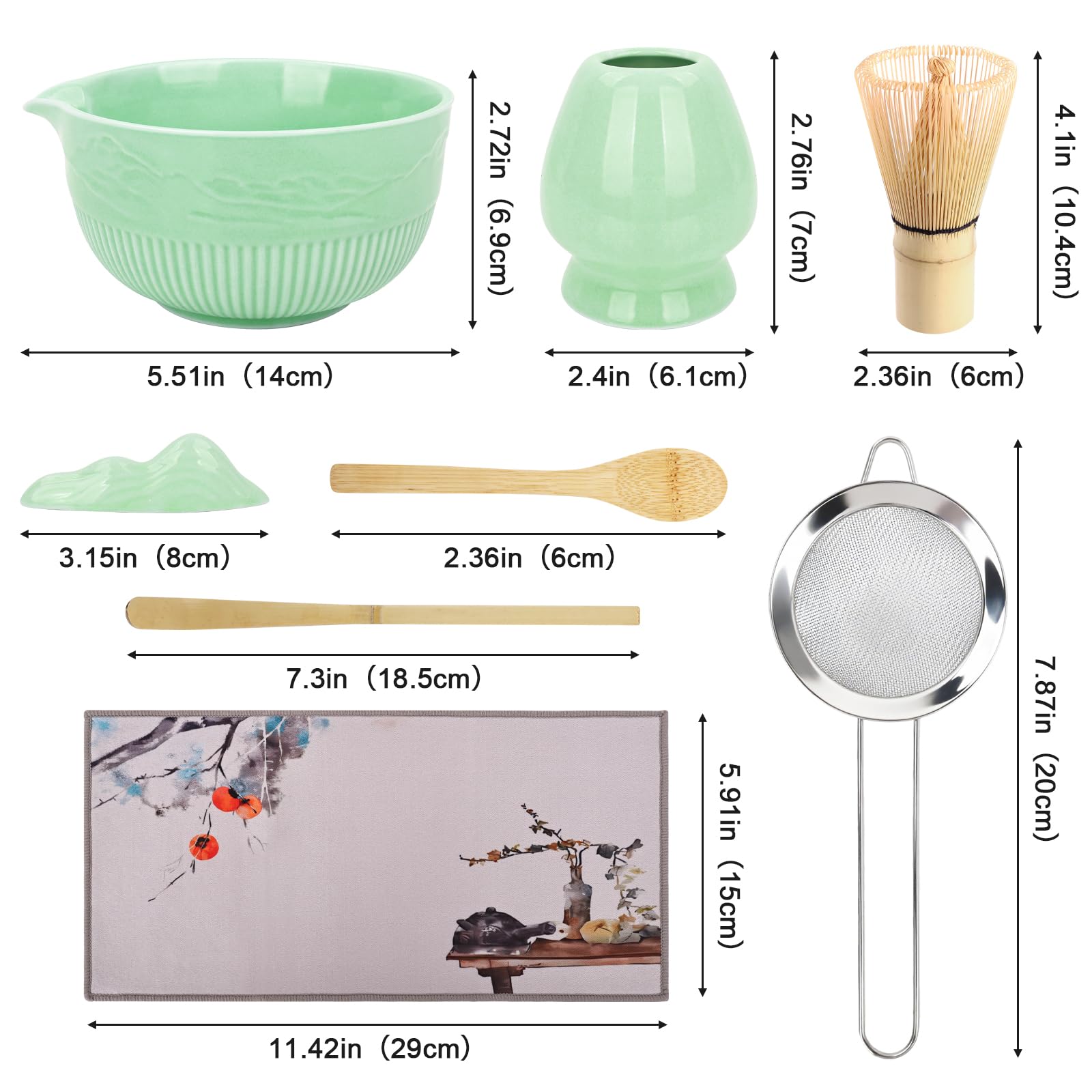 PHILORN Matcha Whisk Set, 9Pcs Ceramic Macha Kit, Matcha Set Whisk and Bowl with Spout, Whisks, Holder, Bamboo Scoop, Scoop Rest, Sifter and Tea Towel for Macha Lover (Cyan)
