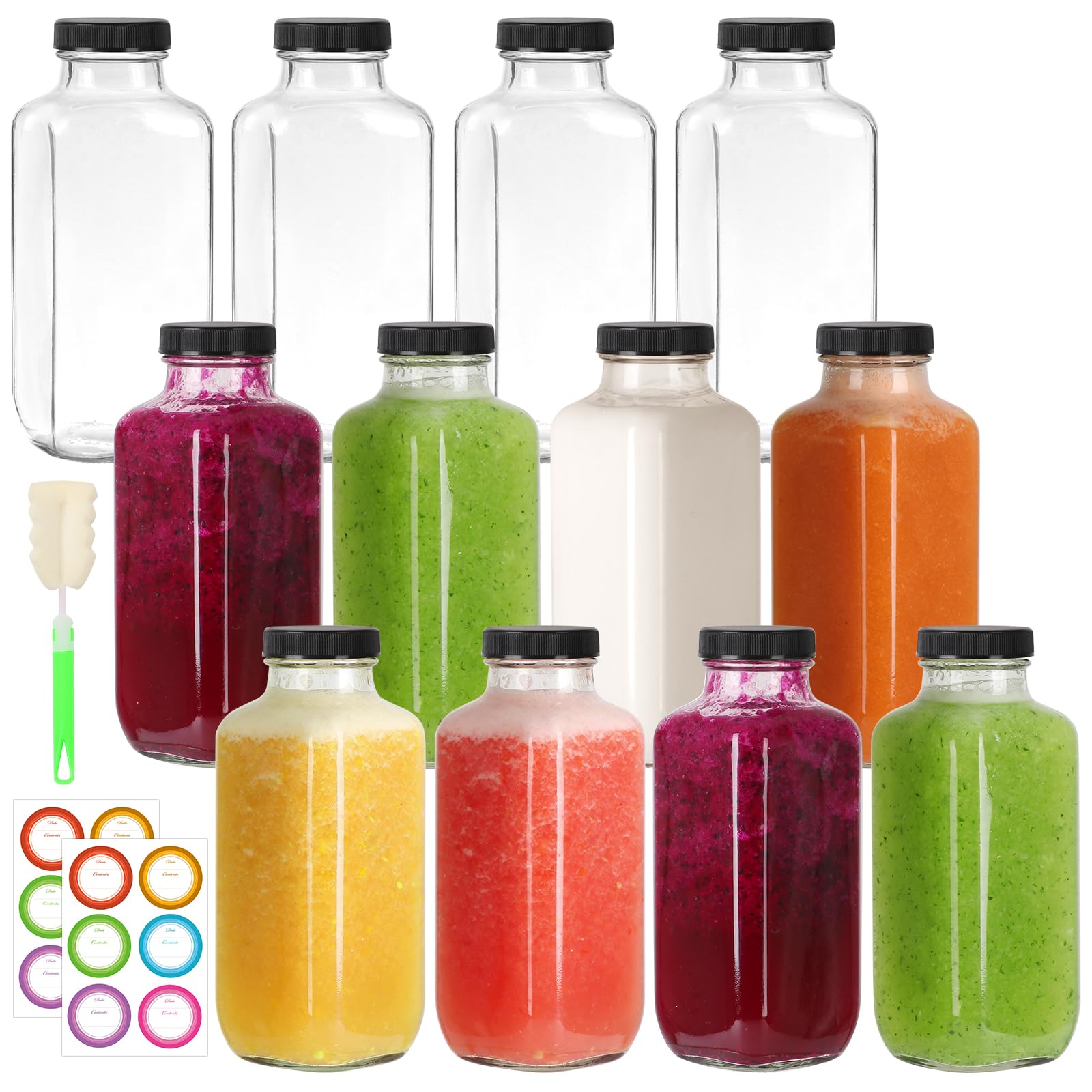 CAKKVDE 16 oz Glass Juice Bottles with Lids 12 Pack