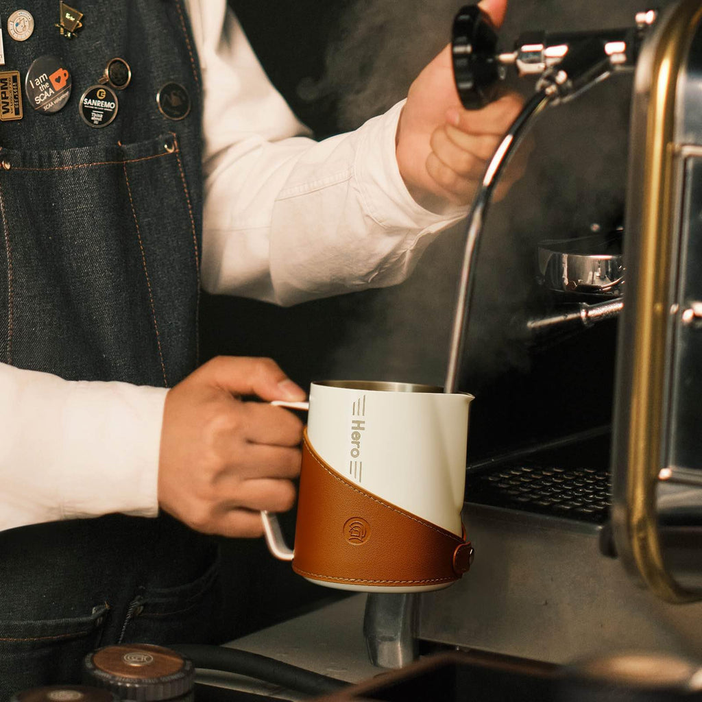 CUFEJORO Milk Frothing Pitcher 450ml/16oz 304 Stainless Steel Espresso Steaming Pitcher with PU Leather, Milk Frothing Jug,milk frother cup,Milk Jug Cup,Premium Barista Tools,Latte Art (Bright 20oz)