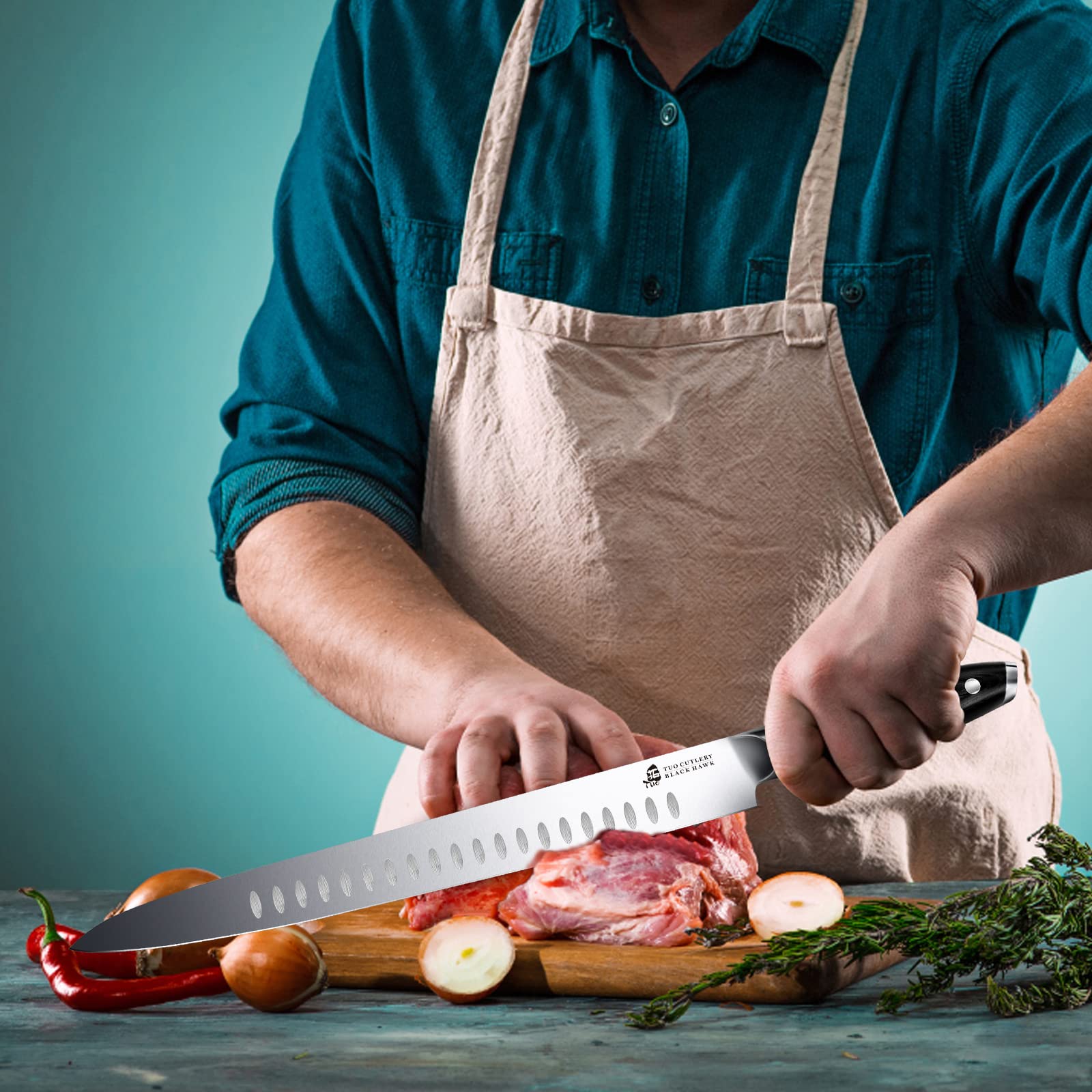 TUO Carving Knife - 12 Inch Brisket Slicing Knife for Grilled Meat and Bacon - High Carbon German Steel - Pakkawood Handle with Gift Box - BLACK HAWK SERIES