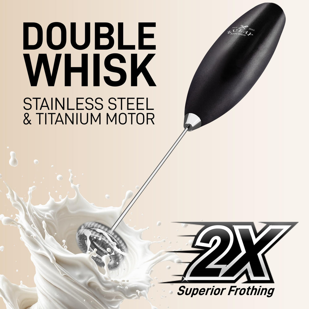 Zulay Kitchen Powerful Milk Frother Wand With Duracell Batteries - Ultra Fast Handheld Drink Mixer - Electric Whisk Foam Maker for Coffee, Lattes, Cappuccino & Matcha - Double Whisk - Metallic Black