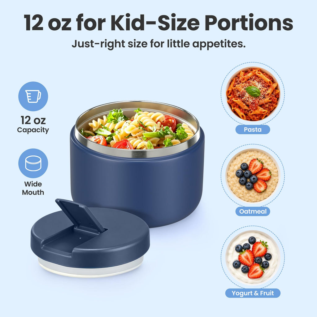 Pawtong 12oz Insulated Vacuum Food Jar with Buckle Lid Wide Mouth Soup Thermo for Hot Food Kids Leakproof Stainless Steel Lunch Container- Blue 1 Pack