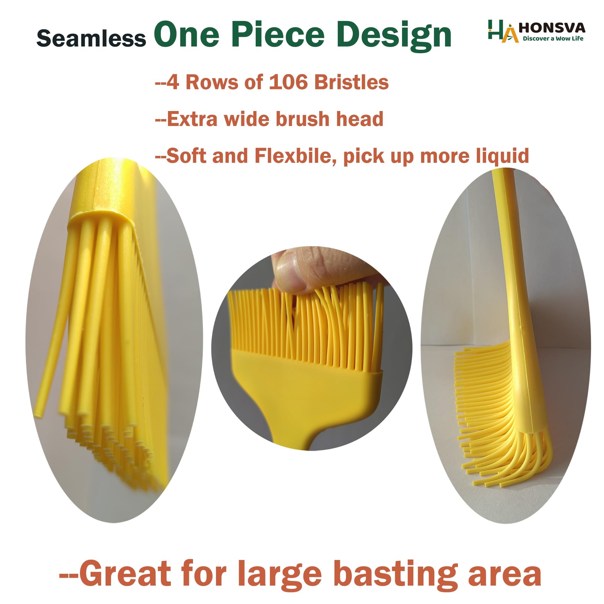 HONSVA Widened Silicone Pastry Basting Brush 2 Pcs, One-Piece Design, W/3.5", Heat Resistant Kitchen Brush for Baking, Grilling, Saucing Oil, BBQ Sauce, Marinade etc, Dishwasher Safe,Yellow&Green