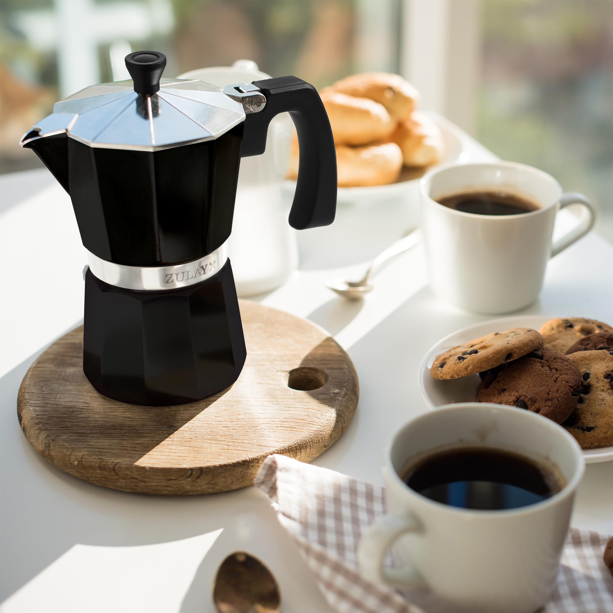 Zulay Moka Pot Espresso Stovetop Coffee Maker - Leak-Proof, Stainless Steel, Easy to Clean, Heat Resistant Handle & Knob - for Authentic Cuban & Italian Style Espresso - Makes 9 Espresso Cups - Black