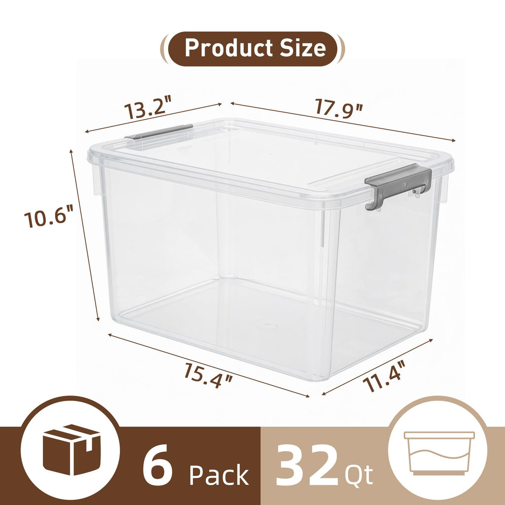 Citylife 6 Packs 32 QT Plastic Storage Bins with Lids Large Stackable Storage Containers for Organizing Clear Storage Box for Garage, Closet, Kitchen