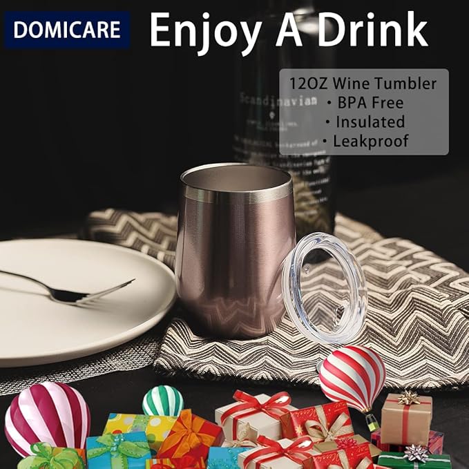 DOMICARE Stainless Steel Wine Tumbler Bulk with Lid, Personalized Rose Gold Insulated Tumblers Set, 12oz Travel Coffee Cups Pack of 16