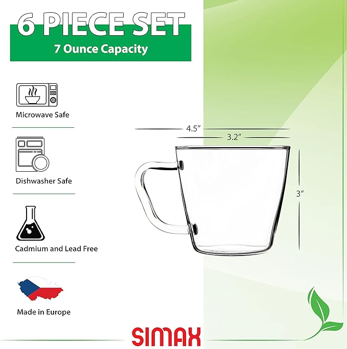 SIMAX Small Clear Glass Coffee Mug Set of 6 - 7 Ounce Heat Safe Borosilicate Tea Cups With Handles for Cappuccino