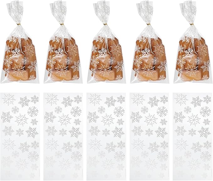 uxcell 100pcs Snowflake Treat Bags, Cookie Bags with Twist Ties for Candy Package Christmas Holiday Winter Party Favors, White
