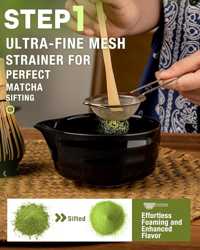 Matcha Whisk Set - 5PCS Matcha Set Includes 17OZ Chawan with Spout, Bamboo Chasen Whisk with Ceramic Holder, Wooden Scoop and Stainless Sifter, Matcha Kit for Ceremony, Gift for Matcha Lovers