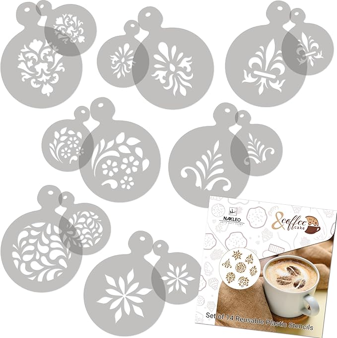 NAKLEO Coffee Stencils and Cookies Decoration 14Pcs 2.8”x2.8” and 4.3”x4.3”, Reusable Plastic Baking Templates, Barista DIY Art Craft, Capuccino Latte Chocolate Cake Biscuit