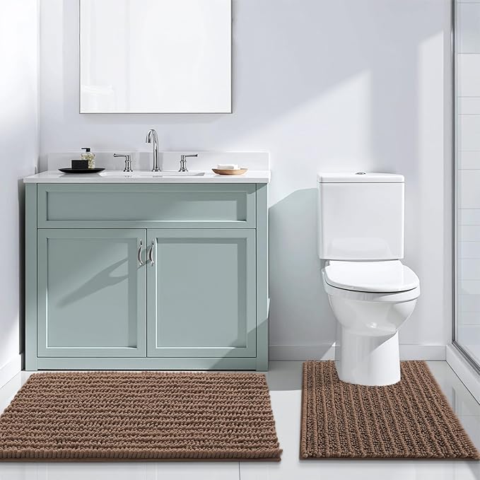 Arotive Luxury Chenille Bathroom Rug Mat, Extra Soft Thick Absorbent Shaggy Bath Rugs, Non-Slip Machine Wash Dry, Plush Bath Mats for Bathroom, Shower and Tub, 24x16, Mocha