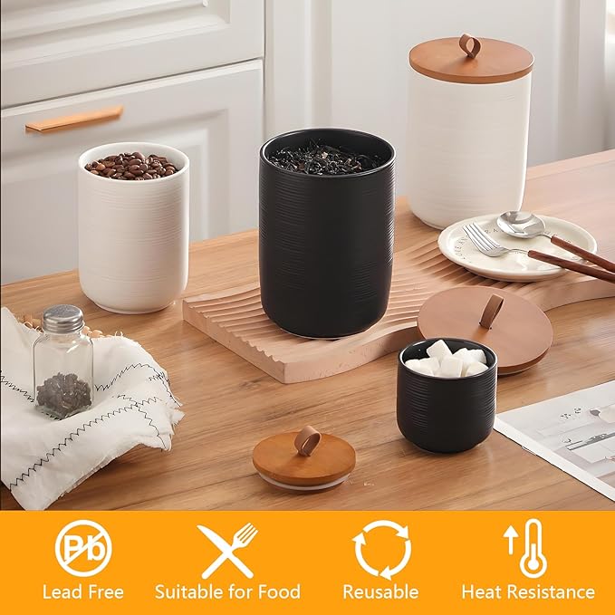 Food Storage Jar Strong Ceramic Storage Canisters with Airtight Wooden Lid,Kitchen Storage Containers for Serving Coffee Beans, Tea, Sugar, Salt, Spices (Big black)
