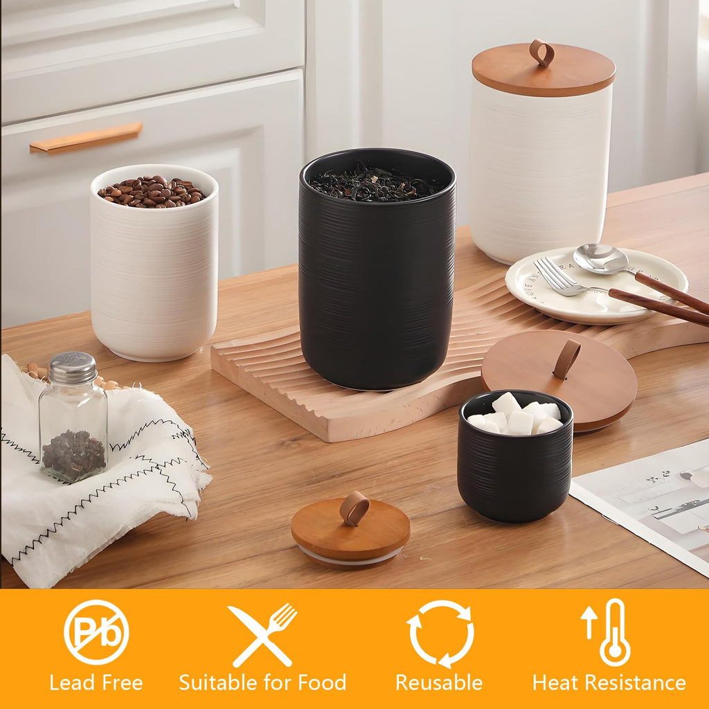 Food Storage Jar Strong Ceramic Storage Canisters with Airtight Wooden Lid,Kitchen Storage Containers for Serving Coffee Beans, Tea, Sugar, Salt, Spices (Medium black 27oz)