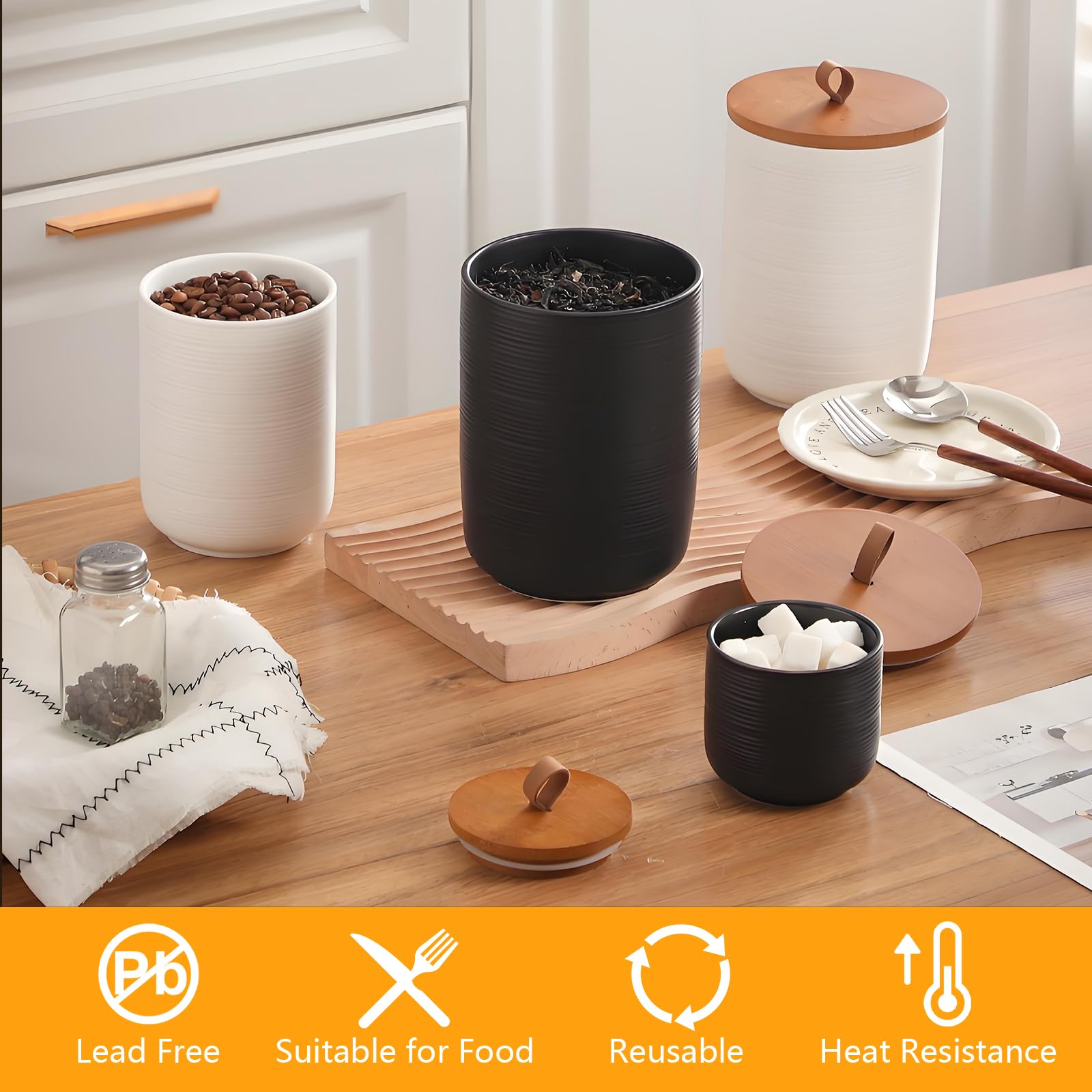 Food Storage Jar Strong Ceramic Storage Canisters with Airtight Wooden Lid,Kitchen Storage Containers for Serving Coffee Beans, Tea, Sugar, Salt, Spices (Medium black 27oz)