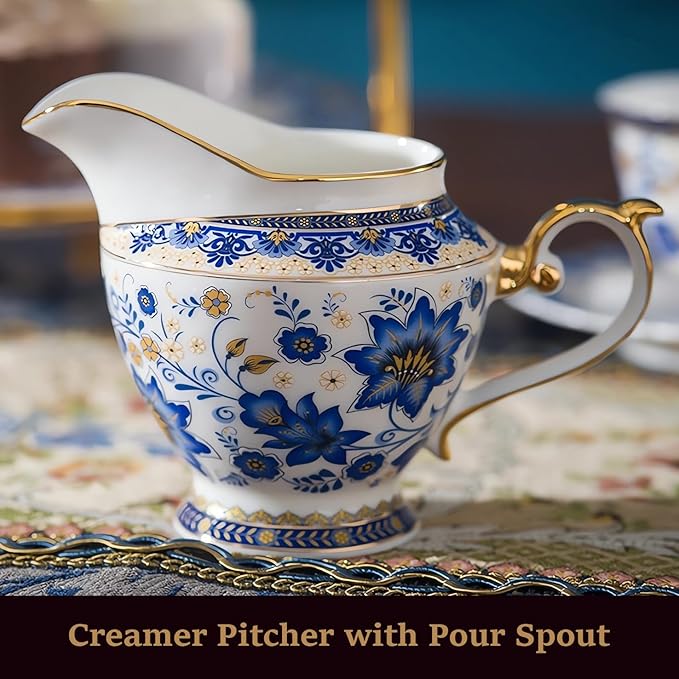 ACMLIFE Bone China Tea Set for 6, Blue and White Tea Set for Adults 24K Gold, Vintage Floral British English Cups and Saucers for Women Party or Gift Giving (Blue)