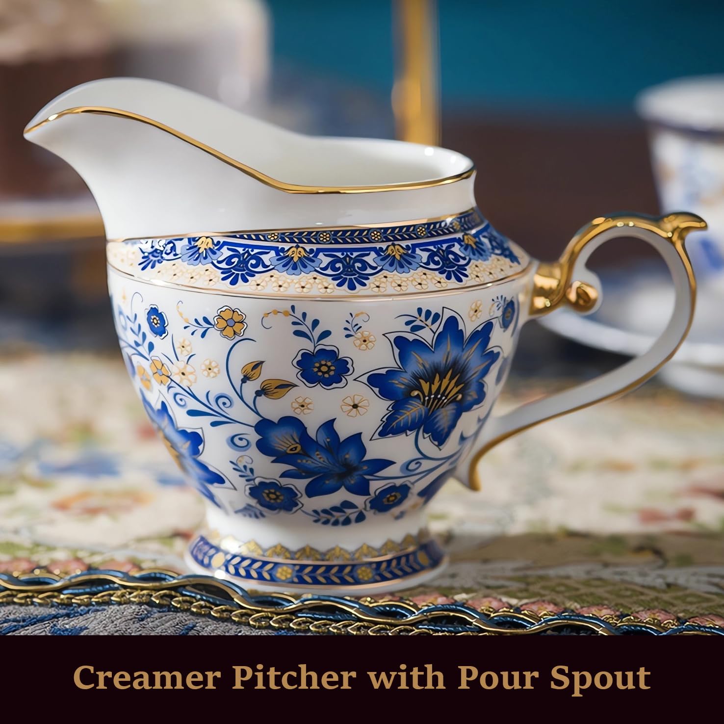 ACMLIFE Tea Set for Adults, Vintage Tea Sets, Bone China Tea Set, Tea Cup Set Porcelain Tea Set for 6, Floral Tea Cup Set With Teapot, 21 Pieces Tea Party Sets for Women Gift，Mother's Day (Blue)