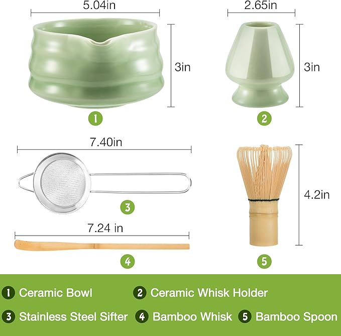 Marce Matcha Whisk Set- Matcha Set includes Matcha Whisk and Bowl with Spout, Sifter, Holder and Scoop- The Perfect Bamboo Whisk for Matcha Tea (Green)