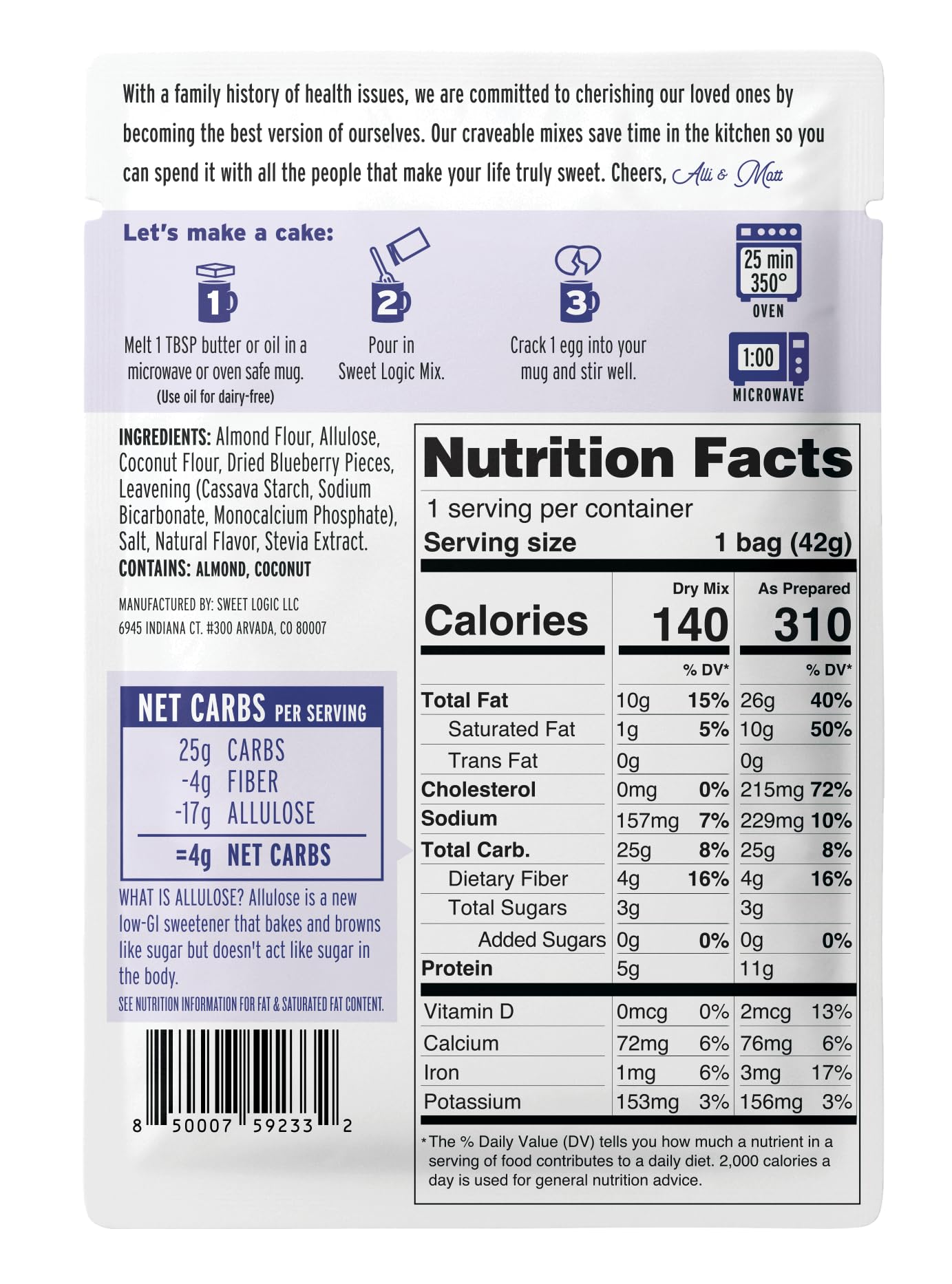 Sweet Logic Keto Dessert Mug Cake Mixes - Blueberry Muffin - Low Sugar - Gluten-Free - Low Carb - Diabetic-Friendly Sweets - Natural Ingredients - High Protein - Delicious Keto Treats (4 Pack)
