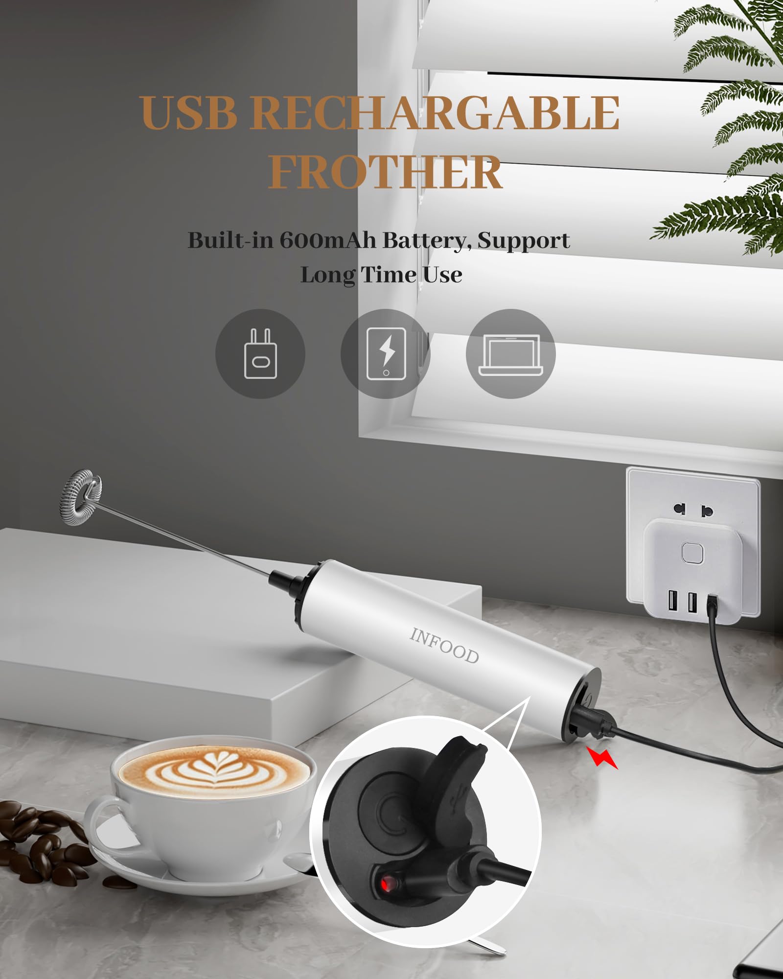 INFOOD Rechargeable Milk Frother with Cover, 2-Speed, 2 Whisks, White