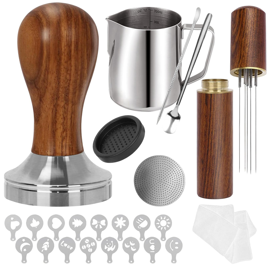 Gmnuiy 58.5mm,Espresso Accessories Kit, 24PCS Coffee Tamper Set ， Barista Kit, WDT Tool,stainlesss Frothing Pitcher, Stirrer, Tamper Mat, Latte Art Pen ， Coffee puck screen