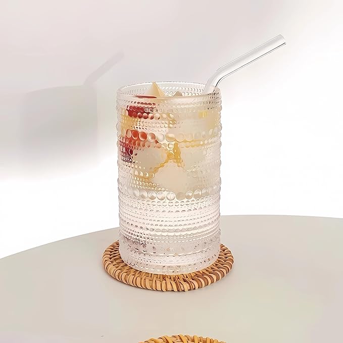 4 Pcs Iced Coffee Glasses Cups with Bamboo Lids and Straws,12 oz Thick Emboss Beaded Drinking Glass Cup Set,Latte Glasses,Ideal for Water,Soda,Gift - with Cleaning Brushe