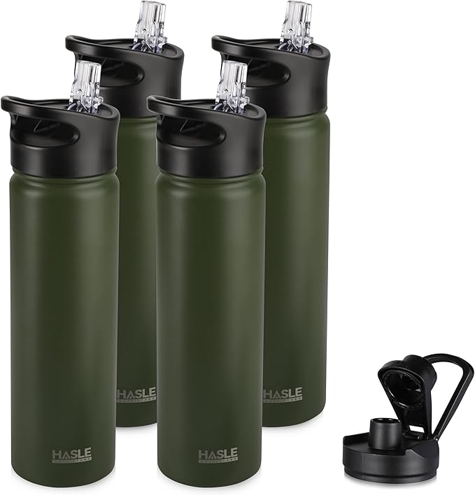 HASLE OUTFITTERS Insulated Water Bottle 22 oz Double Wall Stainless Steel Water Bottle Wide Mouth with Straw Lid & Spout Lid Keeps Cold or Hot(Army Green,4)
