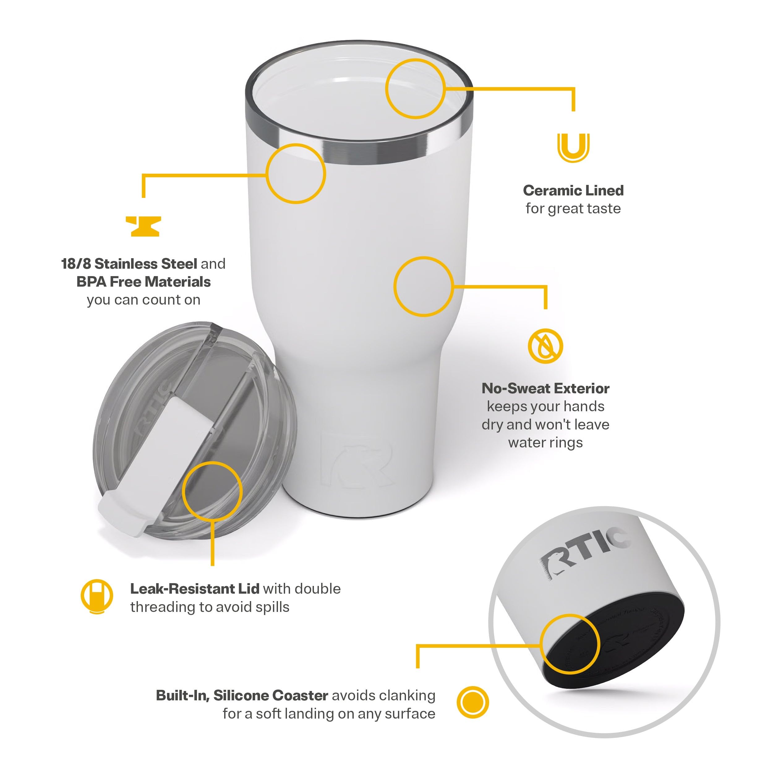 RTIC 40oz Essential Tumbler with Lid, Ceramic Lined, White