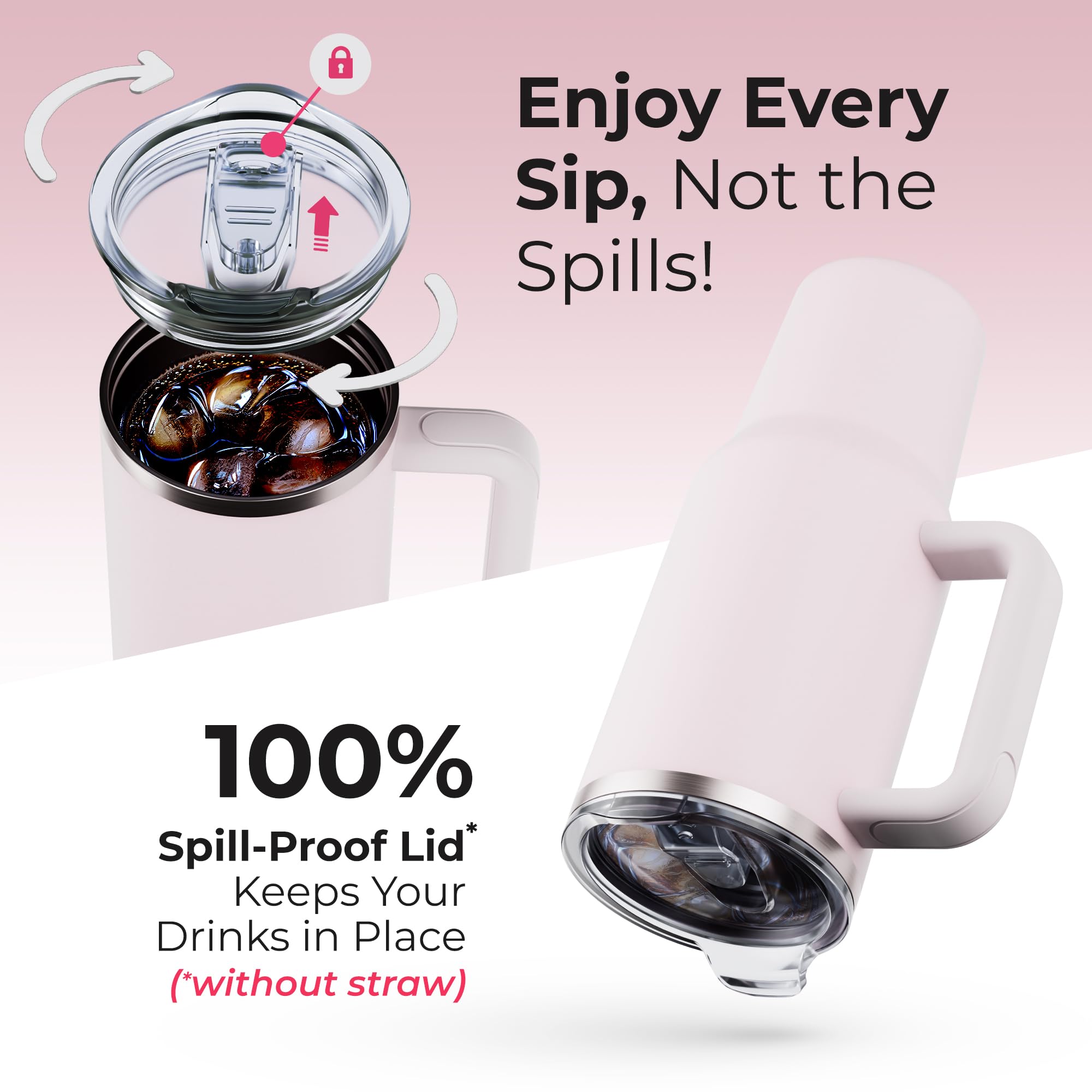 tweevo 40 oz Tumbler With Handle and Straw Made of Stainless Steel - Double Wall Vacuum Insulated Tumbler With Lid - Sweat Proof Easy Grip, BPA-Free, Dishwasher Safe Tumbler (Rose Quartz)