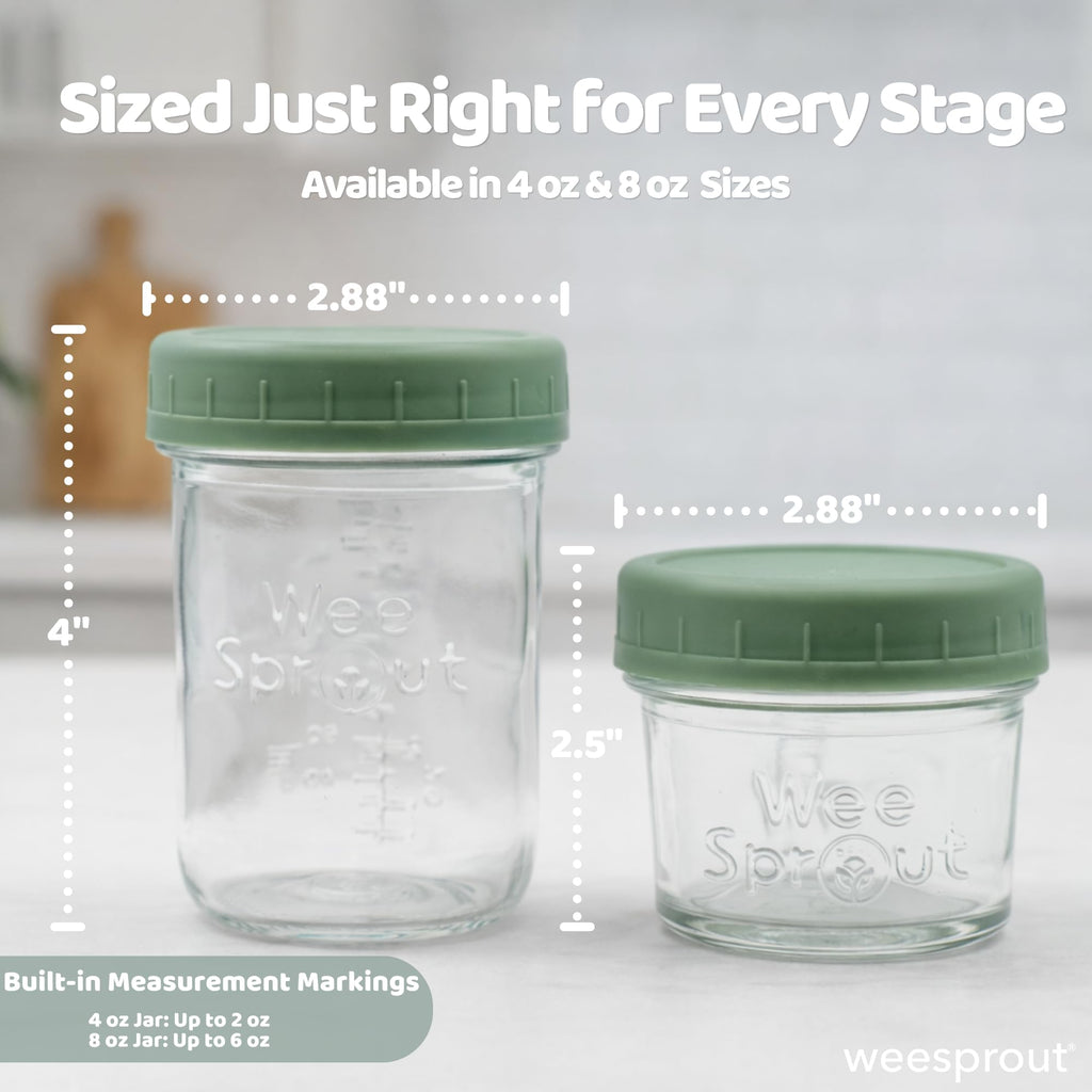 WeeSprout Glass Baby Food Storage Jars w/Lids (8 oz, 8 Pack Set) Snack, Puree, Reusable Small Containers, Breast Milk, Fridge or Freezer, Microwave & Dishwasher Safe, Essential Must Have for Infants