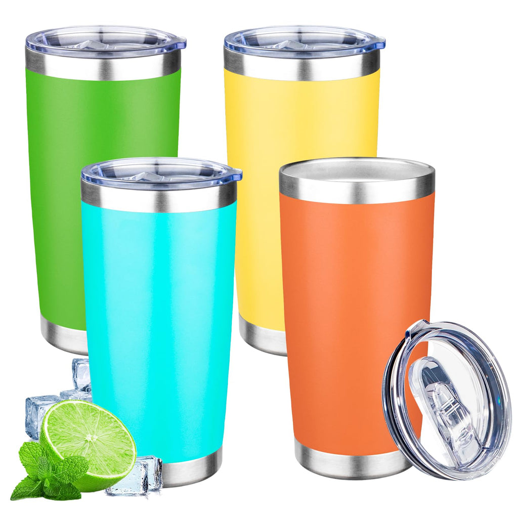 20oz Tumbler with Lid Double Wall Vacuum Insulated Travel Coffee Mug Stainless Steel Thermal Cup Powder Coated Sturdy Coffee Tumbler Bulk for Hot and Cold Beverages (Green-Teal-Orange-Yellow,4)