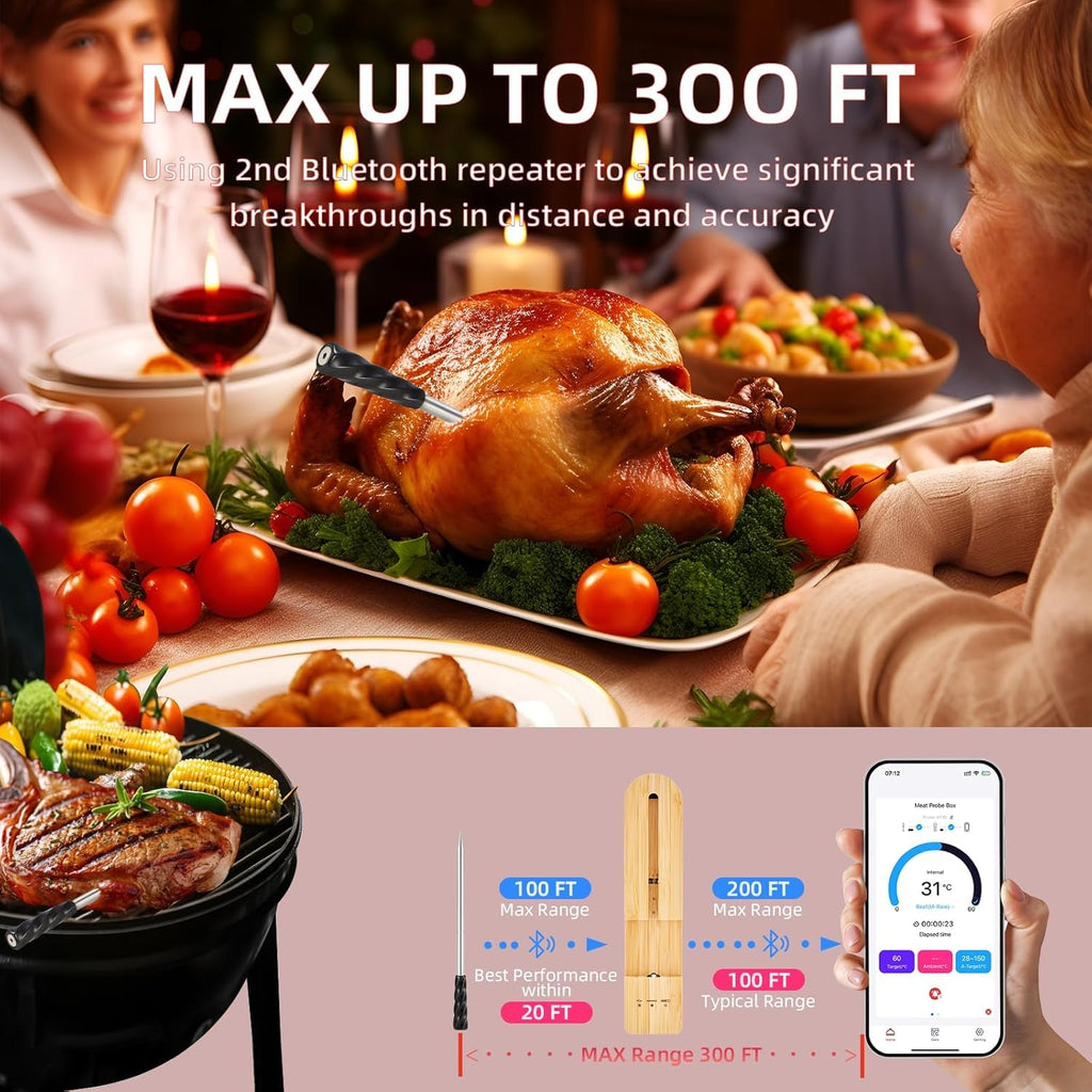 Wireless Smart Meat Thermometer with Bluetooth | Long Range | Measures Internal & Ambient Temp | for BBQ, Oven, Grill, Kitchen, Smoker, Rotisserie (DEEP Black)