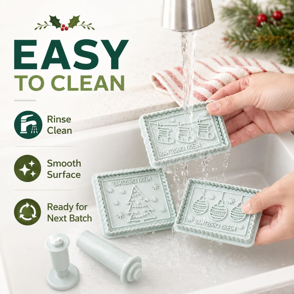 4-Piece 3D Merry Christmas Cookie Cutter and Stamp Set, Plastic