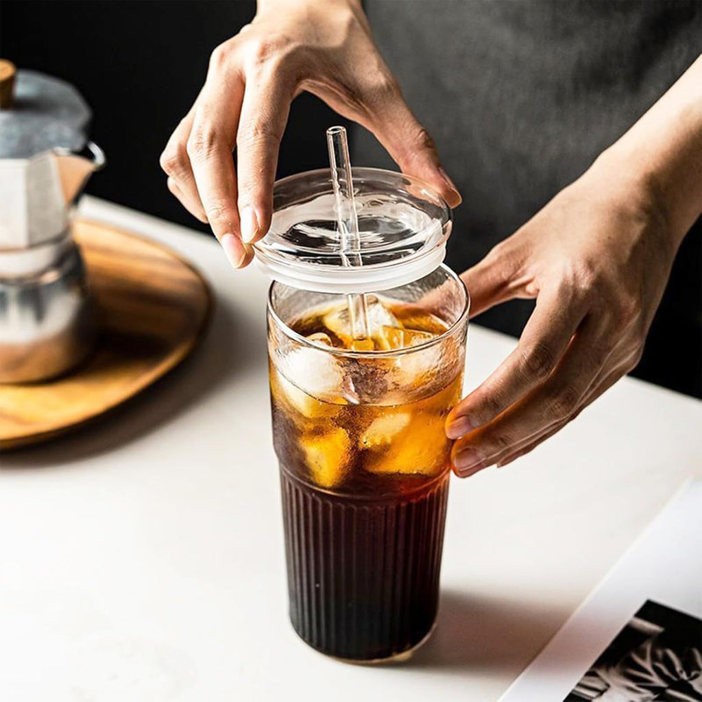 JunVpic Glass Tumbler with Straw and Lid, 20 OZ Clear Iced Coffee Glasses Cups for Ice Water, Juice, Tea, Milk, Smoothie and Cold or Hot Drinks, Set of 2