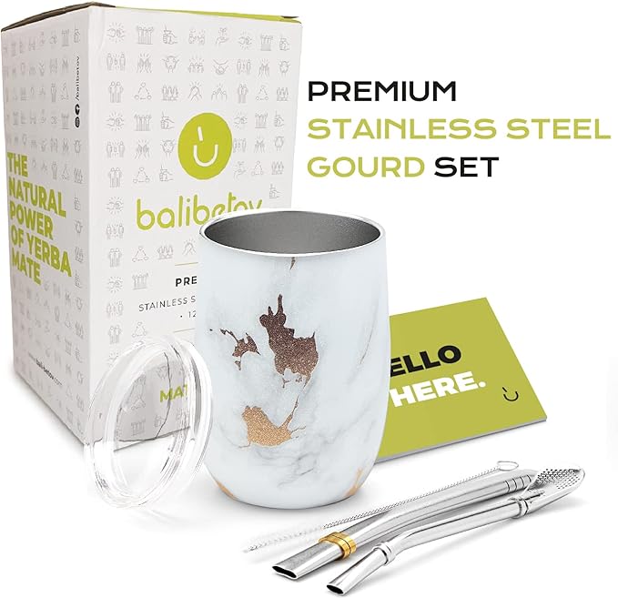 BALIBETOV 5 pcs large Yerba Mate Cup and Bombilla Kit, Includes one 12 oz Yerba Mate Gourd with Lid, Two Bombillas Mate Straw and one cleaning brush | Stainless steel | Double Walled