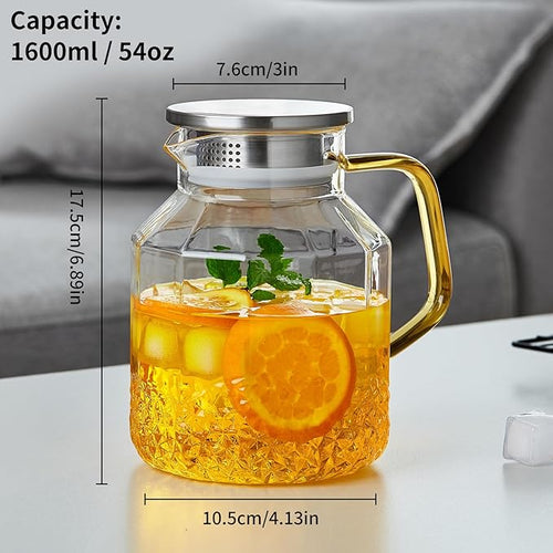 1600ml Glass Pitcher with Lid and Spout, Carafe Jug for Hot/Cold Water, Water Pitcher for Fridge, Glass Teapot, Large Iced Tea Pitcher for Homemade Beverage